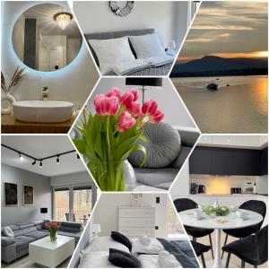 a collage of photos of a room with pink flowers at Apartament Lux SunRise in Żywiec