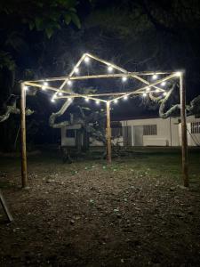 a pergola with lights in a yard at night at Ebenezer Ecocamp in San Francisco