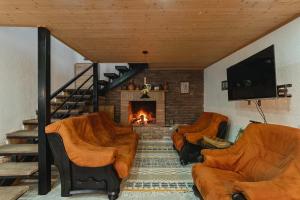 ein Wohnzimmer mit 2 Stühlen und einem Kamin in der Unterkunft Nectar Villa Mukhadtskaro / ვილა ნექტარი მუხადწყარო in Mzcheta