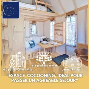 Cosy Tiny centre-ville de Nîmes في نيم: ملصق لغرفة بها سرير ومكتب