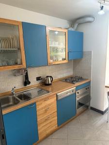 a kitchen with blue cabinets and a sink at Appartamento vista Lago in Lecco +11 photos