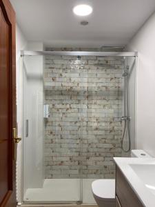 a bathroom with a shower with a brick wall at Casa Albillo in Tudela