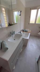 a bathroom with a large white sink and a tub at Casa al Sole in Paradiso