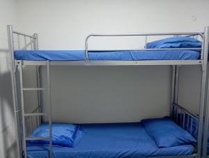 two bunk beds in a room with blue sheets at Hostel Friends Dubai in Dubai