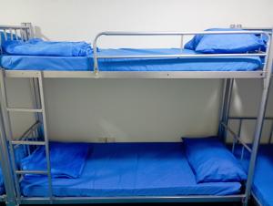 2 beliches num quarto com almofadas azuis em Hostel Friends Dubai no Dubai