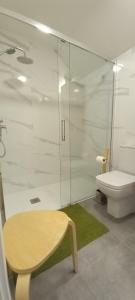希洪的住宿－EL ENCANTO CON VISTAS PARKING PRIVADO，一间带卫生间和玻璃淋浴间的浴室