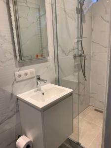 y baño blanco con lavabo y ducha. en Appartement séparé avec parking dans villa, en Vilvoorde