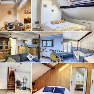 a collage of photos of a bedroom and a living room at Charmant triplex centre-ville de Chantilly in Chantilly