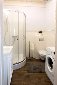 a bathroom with a shower and a washing machine at Domek A 145 Miód Malina- Kaszubska Ostoja in Barkocin