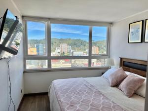 ein Schlafzimmer mit einem Bett und einem großen Fenster in der Unterkunft Apartamentos Concepción Centro in Concepción