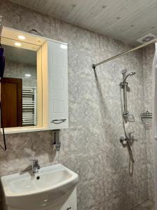 un bagno con lavandino, specchio e doccia di Shanshe a Gurjaani