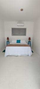 a bedroom with a white bed with a blue pillow at Pontal Praia Suítes in Fortim