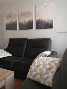 sala de estar con sofá y 2 cuadros en la pared en Apartamento las huellas en Arnedillo