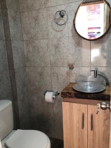 a bathroom with a toilet and a sink and a mirror at Ecohotel Java in Manizales