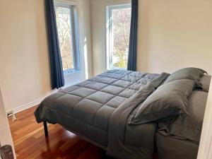 a large bed in a room with two windows at Magnifique maison près de l’eau in Laval