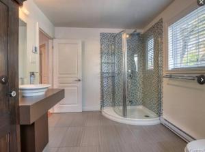 een badkamer met een douche, een wastafel en een bad bij Magnifique maison près de l’eau in Laval