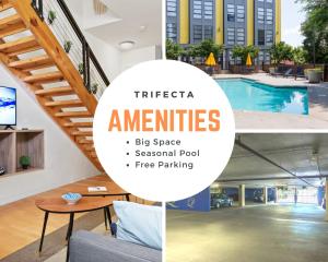 a collage of photos of a hotel with a pool at Trifecta City Loft Uptown CLT Superhost in Charlotte