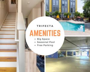 a collage of photos of a building with a swimming pool at Trifecta 10 Min Walk to 7th St Market Superhost in Charlotte