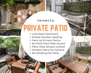 a collage of photos of a patio with a hammock at Trifecta 10 Min Walk to 7th St Market Superhost in Charlotte