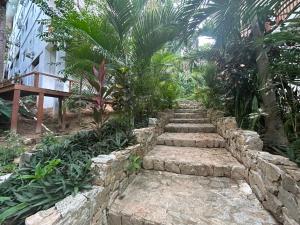 a stone path in a garden with palm trees at Caribbean Nest, West End, Roatan in West End