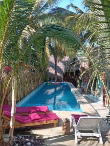a large swimming pool with a bed and palm trees at El Puente in El Paredón Buena Vista