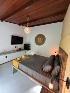 a bedroom with a large bed and a tv at Jardim dos Milagres Suítes in São Miguel dos Milagres