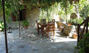 a patio with a table and chairs under an umbrella at Xenis House in Galata