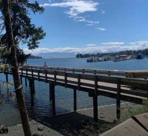 a person walking on a pier over the water at Life house loft in Sooke