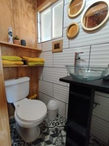 y baño con aseo y lavamanos. en Cabaña El Pino, en La Chamiza