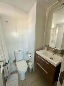 La salle de bains est pourvue de toilettes, d'un lavabo et d'un miroir. dans l'établissement Gran Vista al Mar Moderno Depto Costa Montemar, à Concón