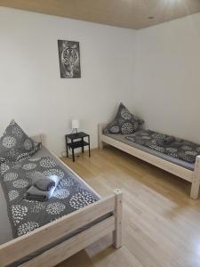 een kamer met 2 bedden en een tafel bij PREMIUM HOME 2 in Gottmadingen