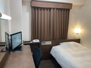 a hotel room with a bed and a television at Hotel Alpha-One Tsuyama in Tuyama