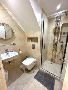 a bathroom with a shower and a toilet and a sink at Central London Zone 1 apartment in London