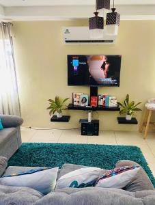 a living room with a couch and a flat screen tv at Travelholics Getaways in Piarco