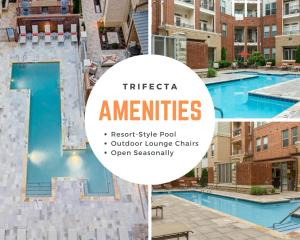 a collage of photos of an apartment complex with a pool at City Living in Downtown Raleigh Luxury Apt 1 in Raleigh