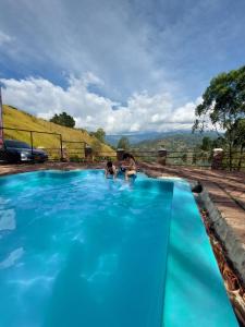 two people swimming in a blue swimming pool at Hotel Campestre Mirador De San Nicolas in Ubaque