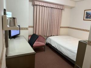 ein Hotelzimmer mit einem Bett und einem Schreibtisch mit einem TV in der Unterkunft Hotel Alpha-One Tokuyama in Shunan