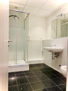 a bathroom with a glass shower and a sink at Luxury Premium Apartments in Bonn