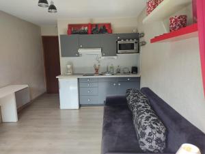 a living room with a couch and a kitchen at Appartement Les Gets, 1 pièce, 4 personnes - FR-1-671-257 in Les Gets