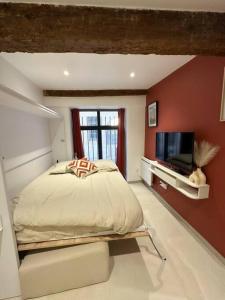 een slaapkamer met een bed en een flatscreen-tv bij Charmant Studio Neuf N•2 - Centre ville in Montpellier