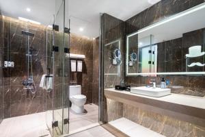 uma casa de banho com um WC, um lavatório e um chuveiro em YZHI Hotel - Guangzhou Panyu City Bridge Subway Station em Guangzhou