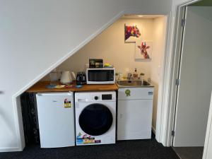 a laundry room with a washer and a sink at Auckland CBD, Parnell Ensuite+Patio+Secluded Garage in Auckland