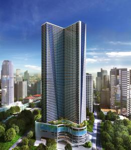 een weergave van een hoog gebouw in een stad bij M Haven in Manilla
