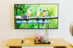 een tv aan een muur met drie vogels aan een tak bij BIG Hotel Sài Gòn in Ho Chi Minh-stad