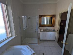 a bathroom with a shower and a sink at The Astra Broken Hill in Broken Hill
