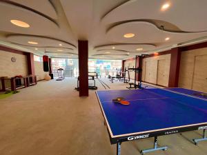 a room with a ping pong table in it at VISTA HOSTEL Near Mall Road Manali - with Playing Zone & Gym in Manāli