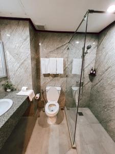 a bathroom with a shower and a toilet and a sink at Le Charme Vientiane Hotel in Vientiane