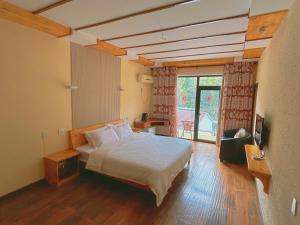 1 dormitorio con 1 cama y TV en Moganshan Bamboo View Guesthouse, en Deqing