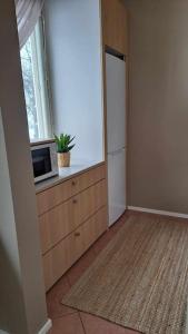 een kamer met een kast met een magnetron en een raam bij Kaunis yksiö lähellä keskustaa in Hyvinkää