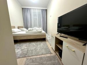 Habitación pequeña con cama y TV de pantalla plana. en Ак-Бата, en Alamedin